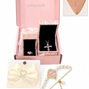 Cute Jewelry Set Pink Gift Box Rhinestone Cross Necklace Ring Watch bow bundle
